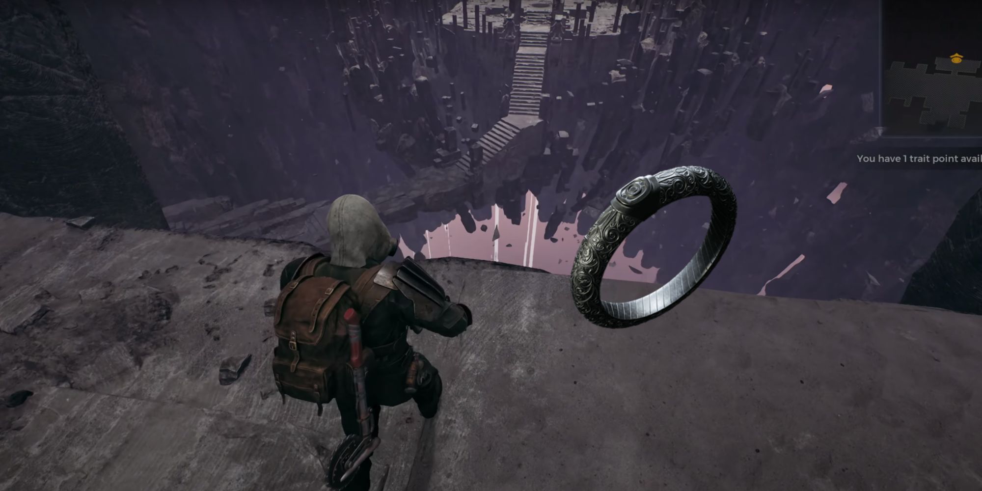 A player looks down towards a sheer drop and a floating grey structure in Remnant 2.