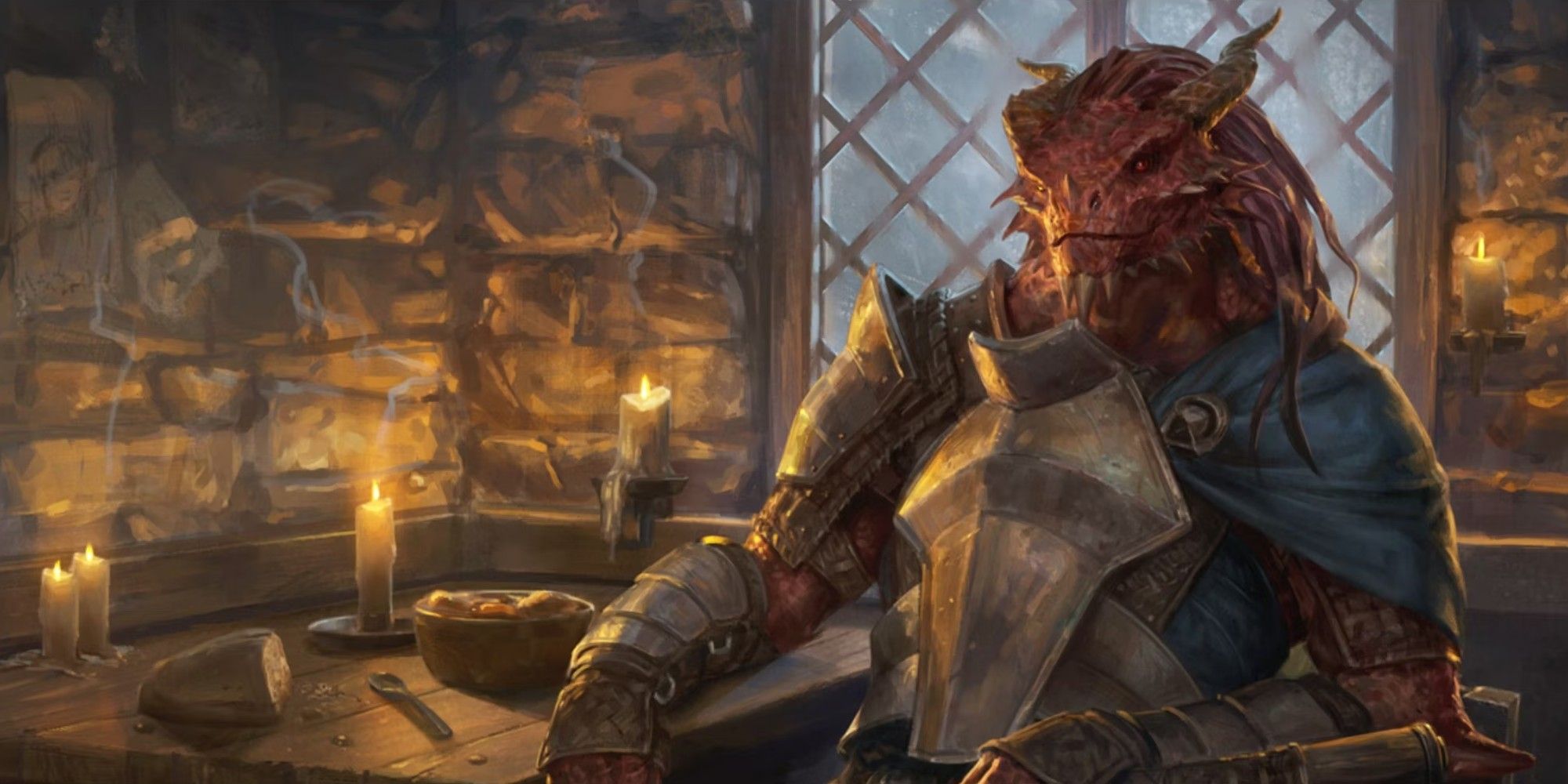 Jaded Sell-Sword by Randy Vargas, a red dragonborn hanging out in a tavern