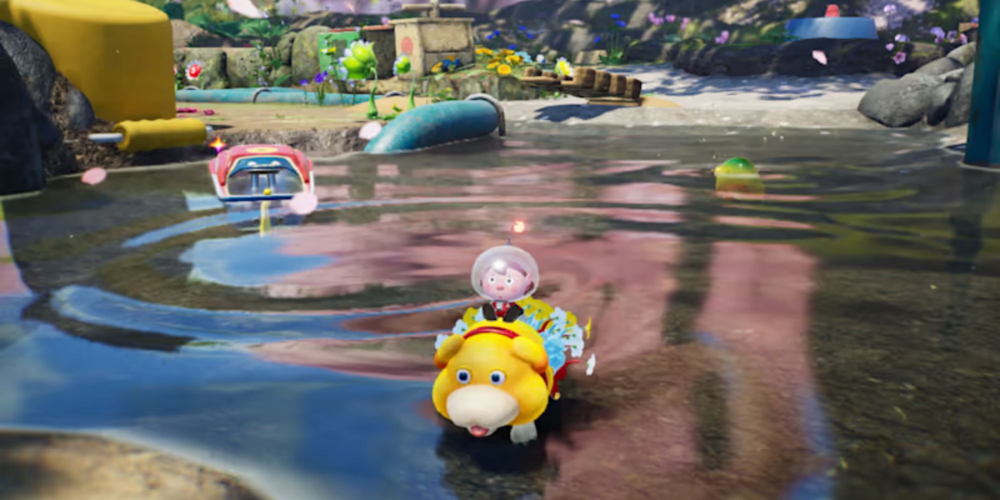 Pikmin 4 Oatchi paddles across a pond with Pikmin on its back
