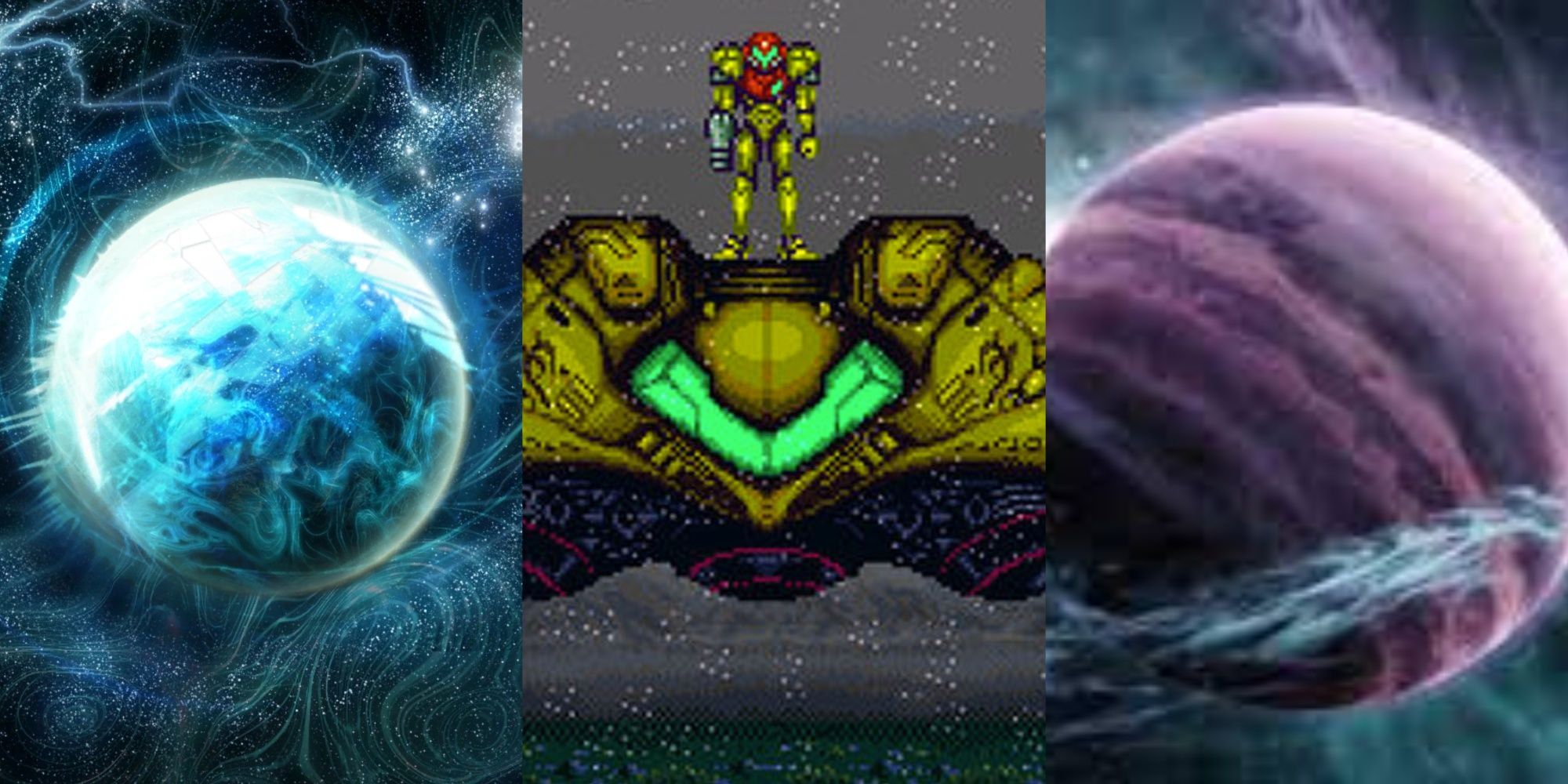 The planet of Phaaze, Samus on her ship in Super Metroid, and the planet of ZDR in Metroid Dread