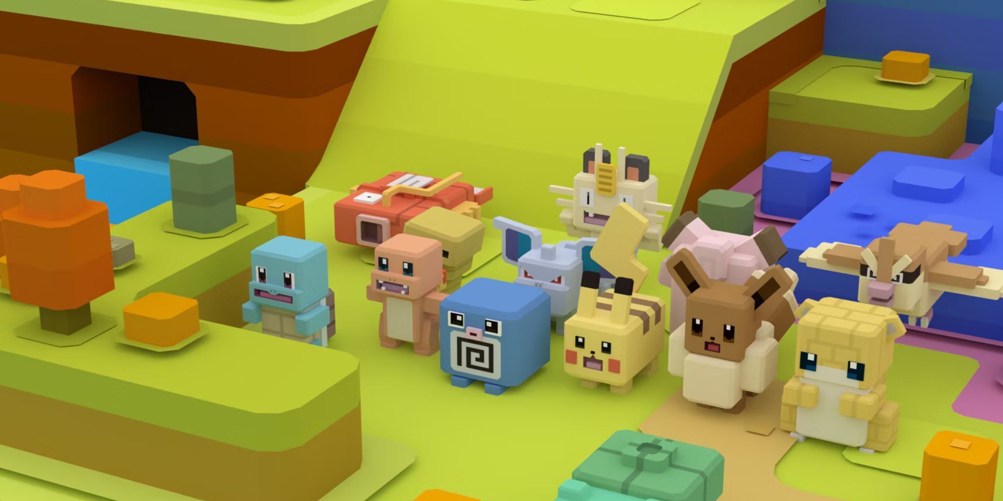 A group of cube-shaped Pokemon gather at the bottom of the hill