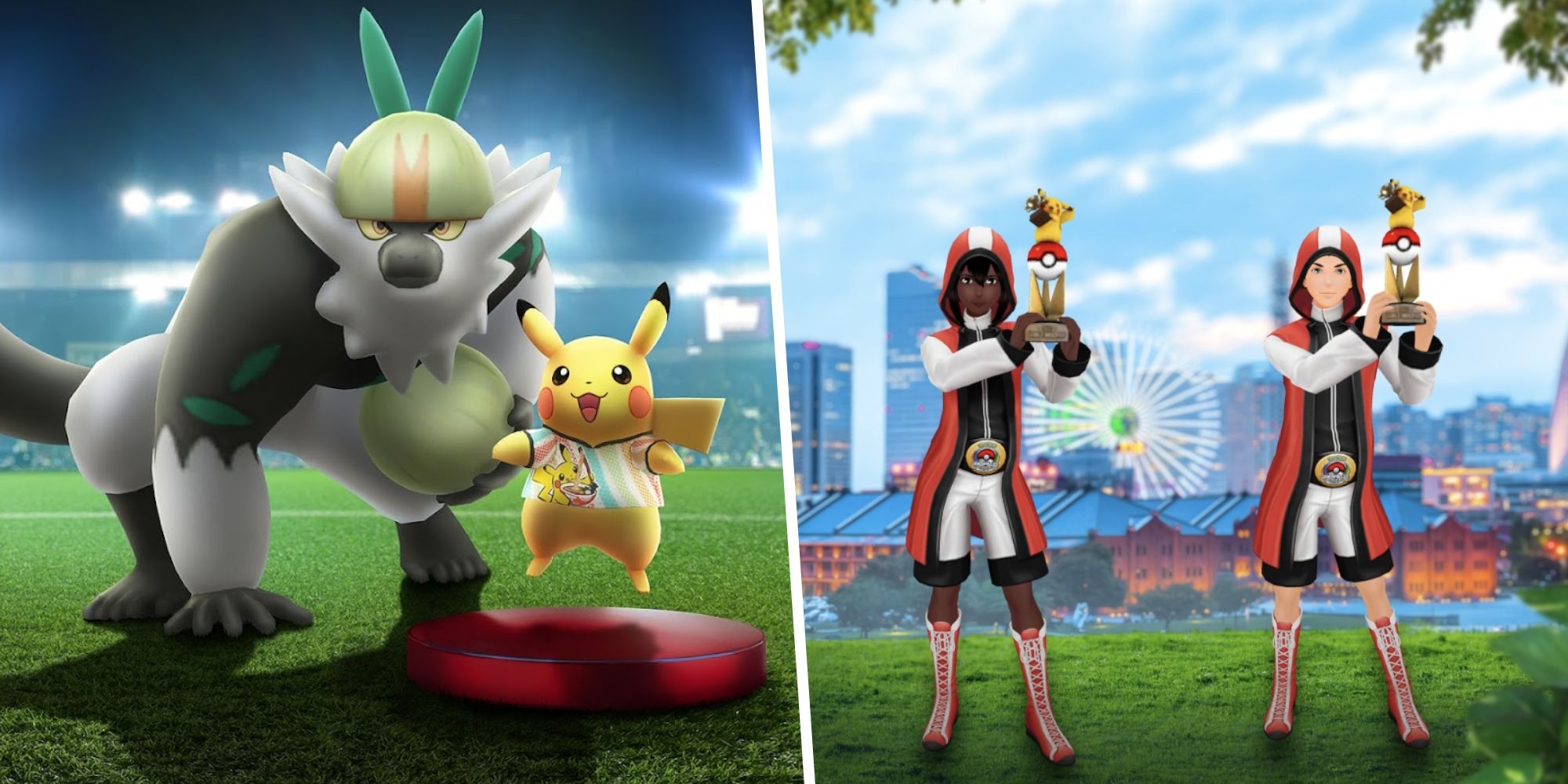 Pokemon Go 2023 World Championships featuring Passimian, Pikachu, and 2 trainers.