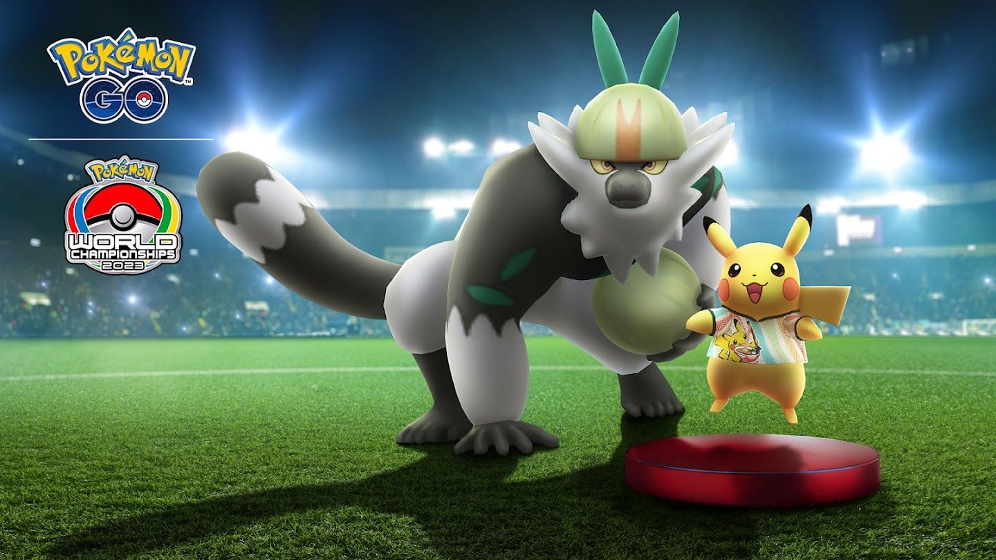 Image of Passimian and Pokemon Championship 2023 Pikachu standing on a grass field