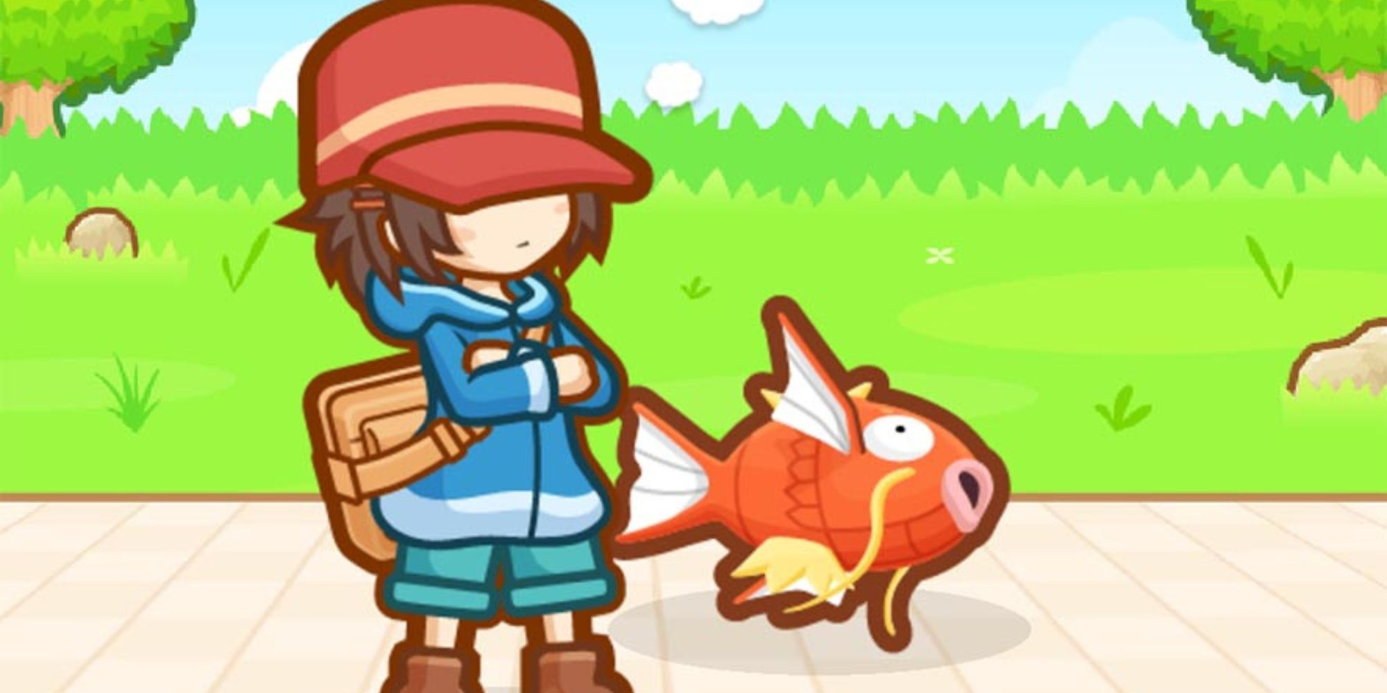 A trainer stands on a path beside a Magikarp