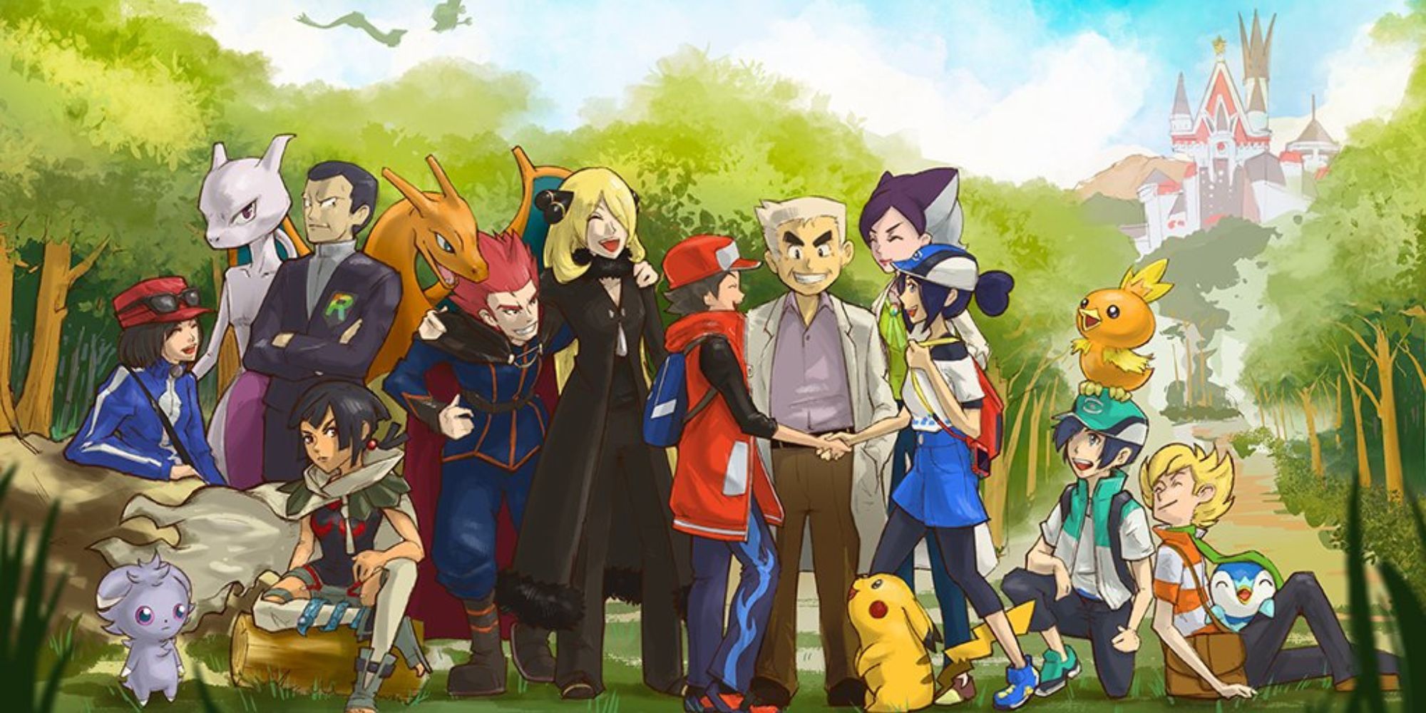 A group of Pokemon and trainers gather in a wooded area