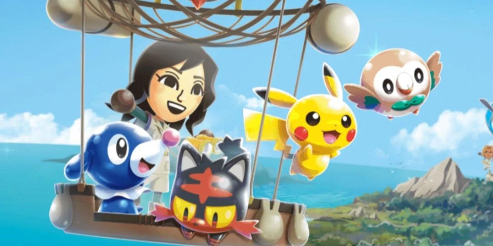 A trainer stands in a hot air balloon with Pikachu, Litten, Rowlet, and Popplio