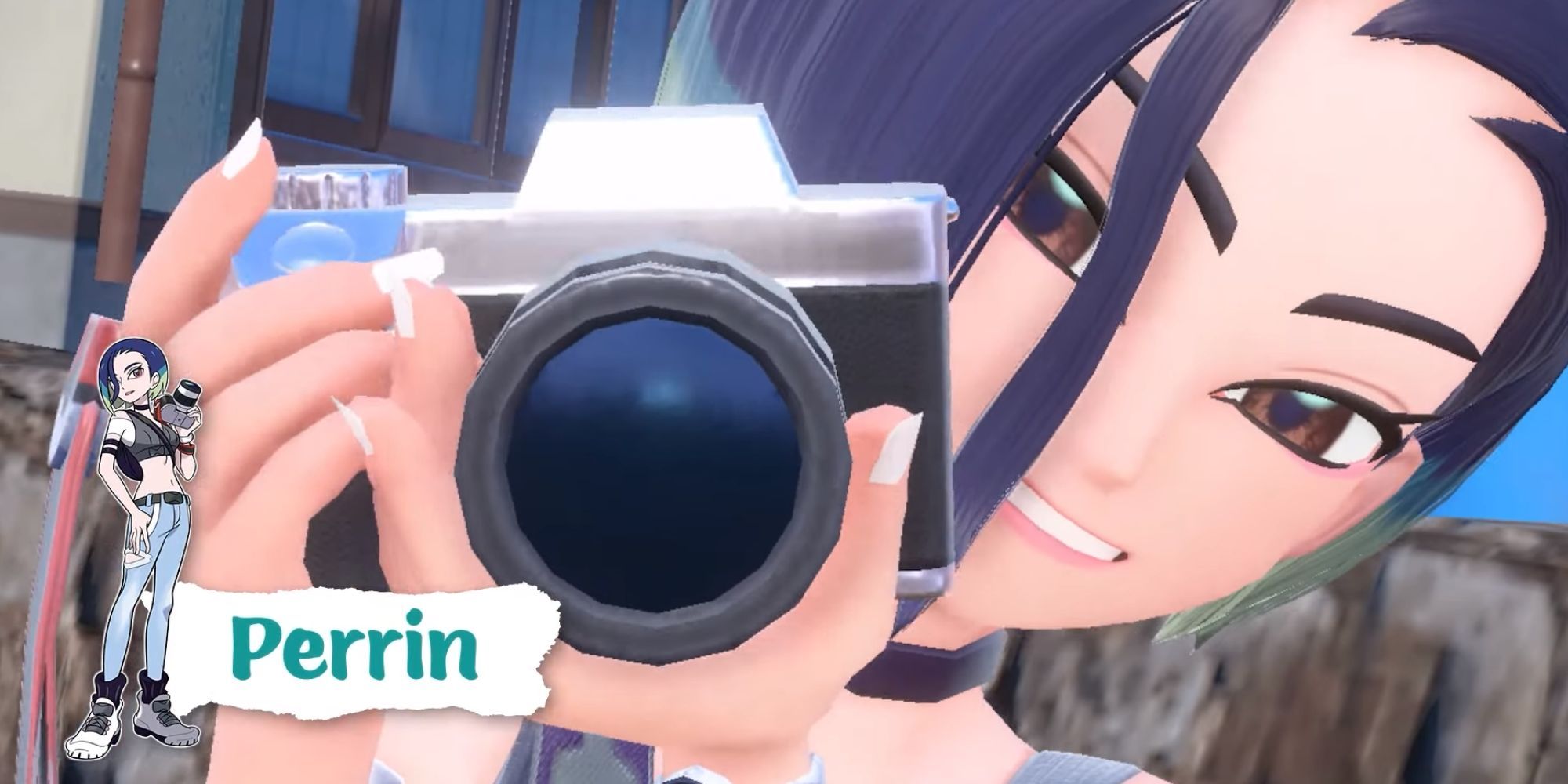 Perrin, a photographer, smiles at the camera in a new Pokemon trailer. She has dark hair with a green highlight.