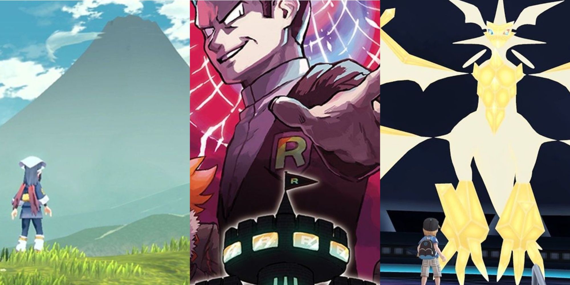 A split image featuring the protagonist of Pokemon legends looking into the distance, artwork of Giovanni, and the Ultra Necrozma fight