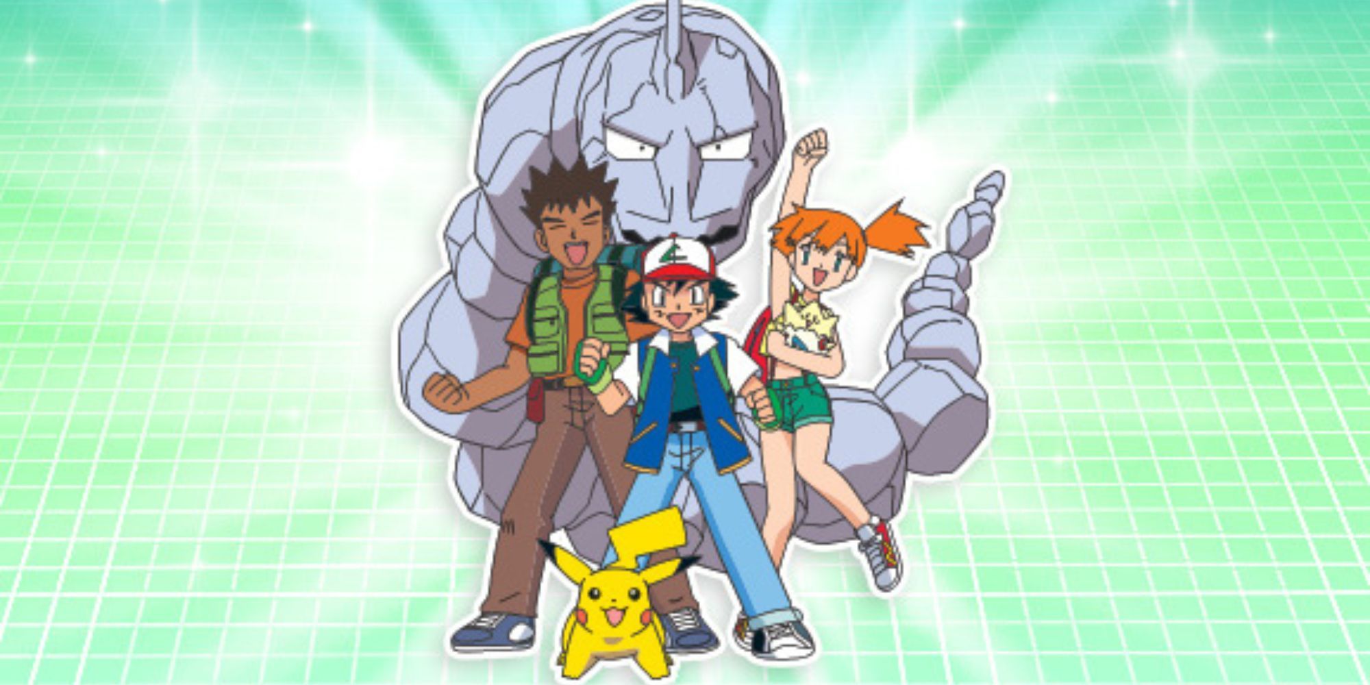 Ash, Brock, and Misty pose with Onix and Pikachu