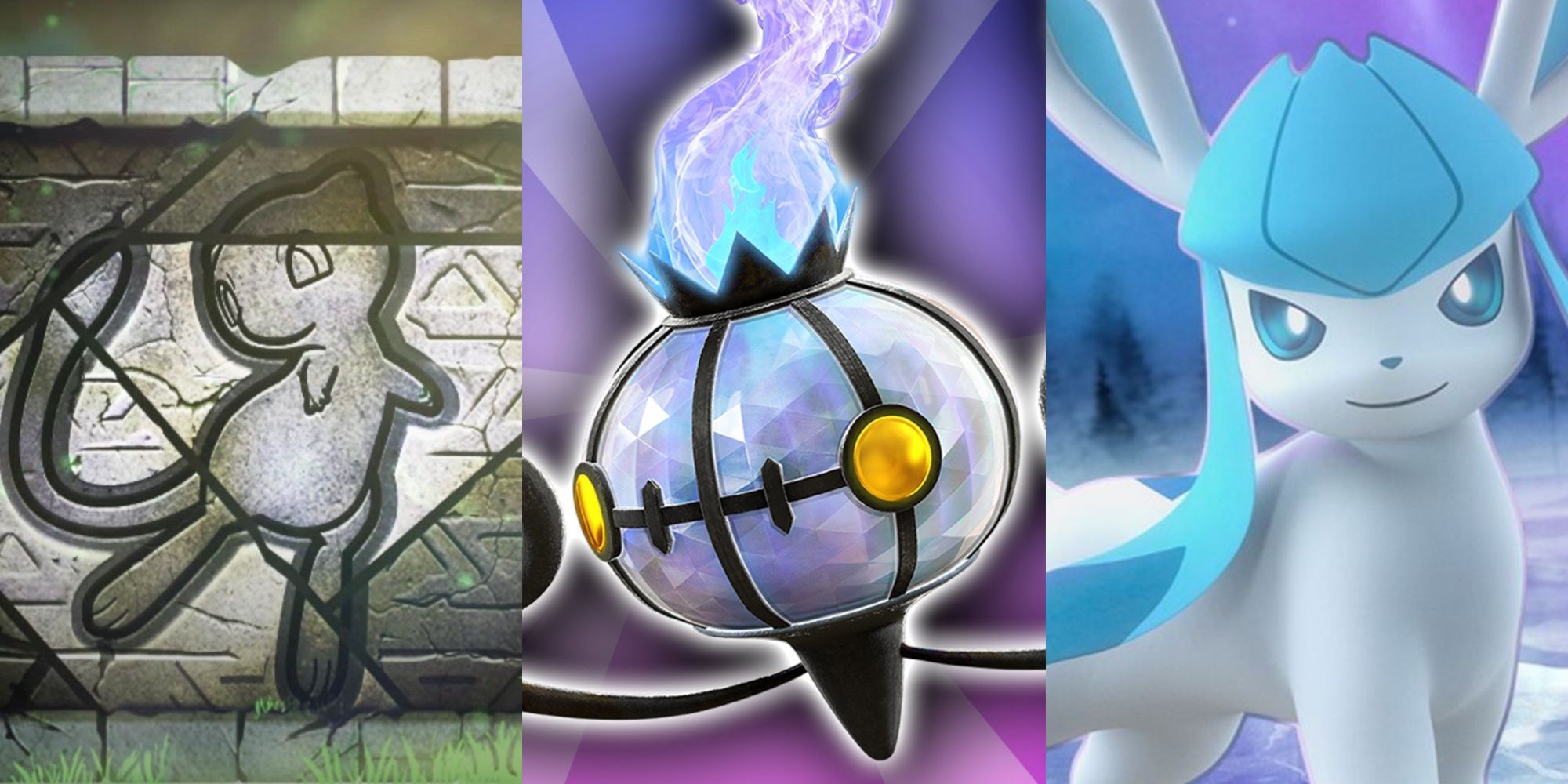 A split image of Mew on a rock wall, Chandelure floating, and Glaceon with ice behind it in Pokemon Unite.