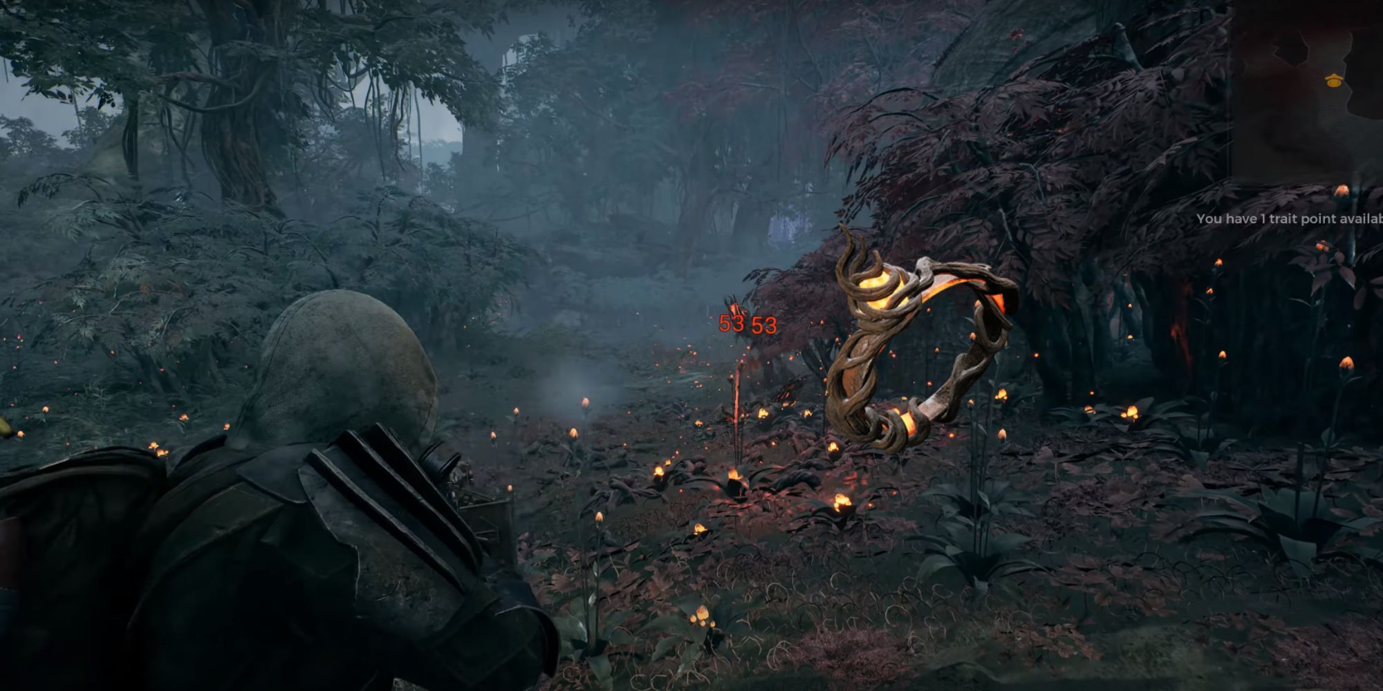 A player shoots at an enemy with a light machine gun in a wooded area in Remnant 2.