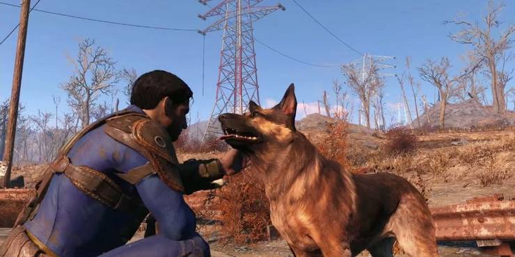 Protagonist patting Dogmeat in the head