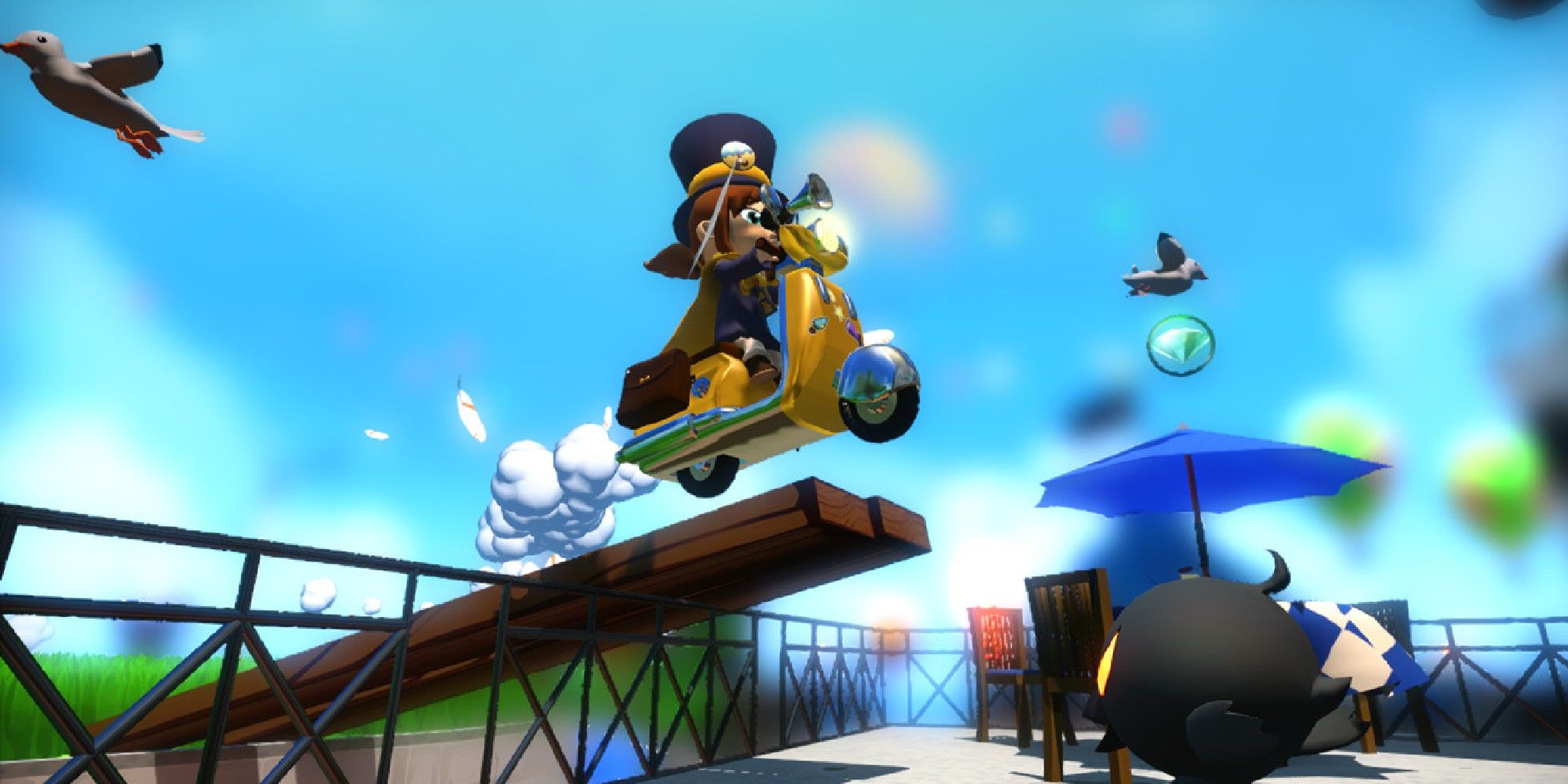 Hat Kid riding a scooter off a ramp during the day.