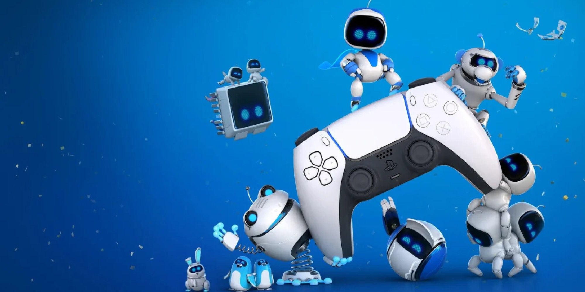 Astro bots surrounding a DualSense controller against a blue background.