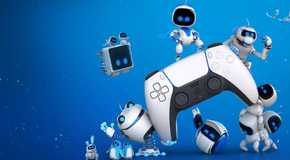 Astro bots surrounding a DualSense controller against a blue background.