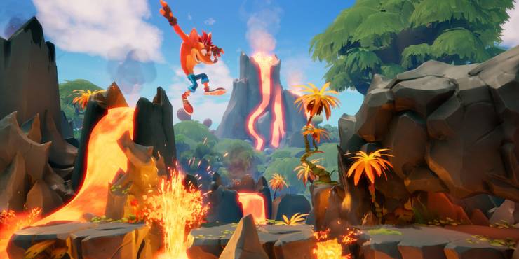 Crash Banicoot jumping over lava and rocks with a volcano in the background.