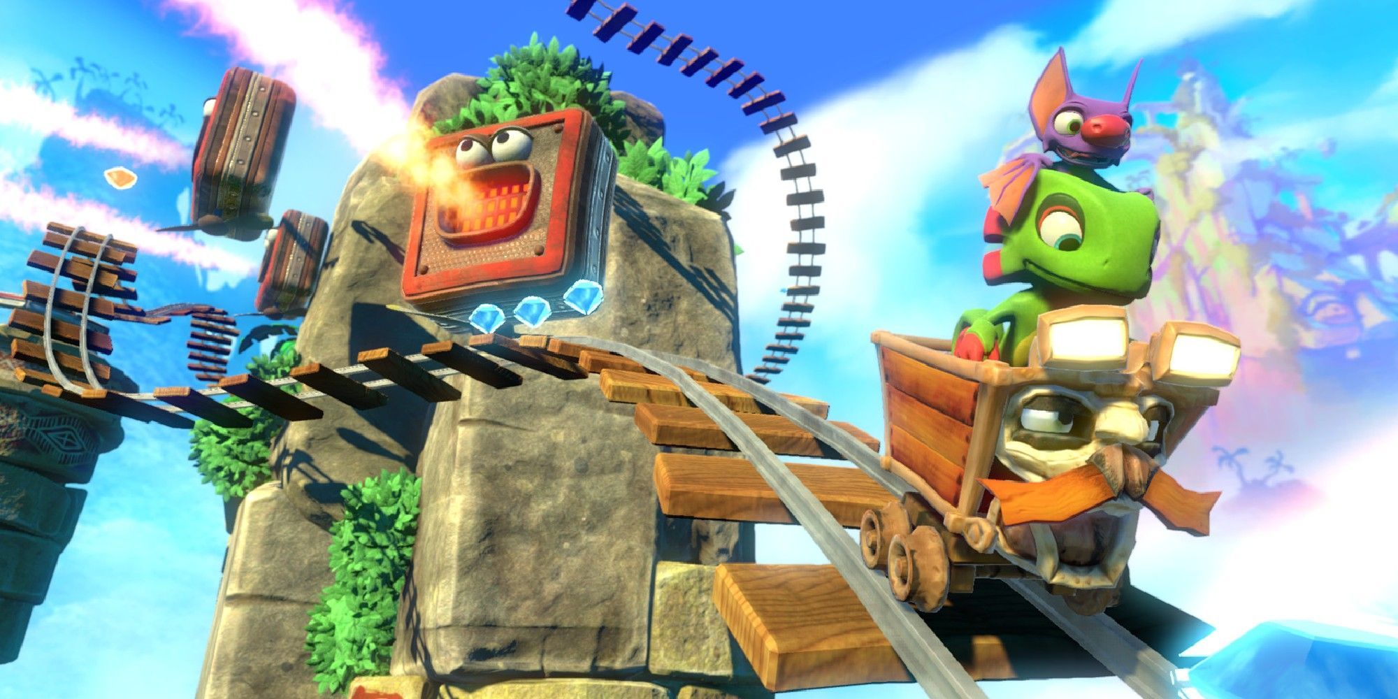 Yooka-Laylee - Yooka And Laylee Riding A Mine Cart Down A Dangerous Track Filled With Flamethrowers