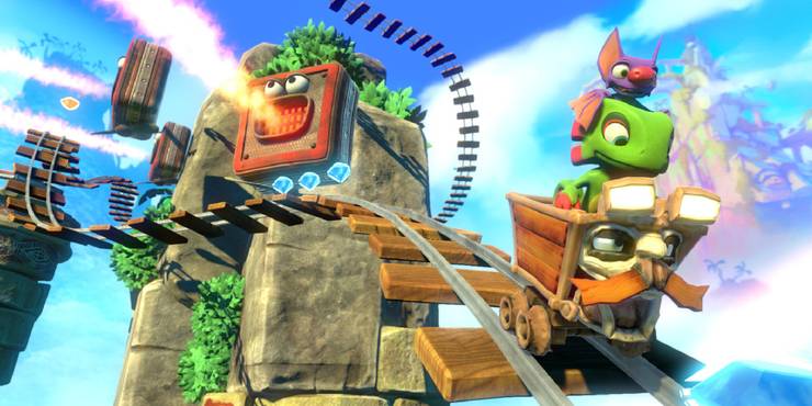 Yooka and Laylee riding on a mine cart while avoiding fire.