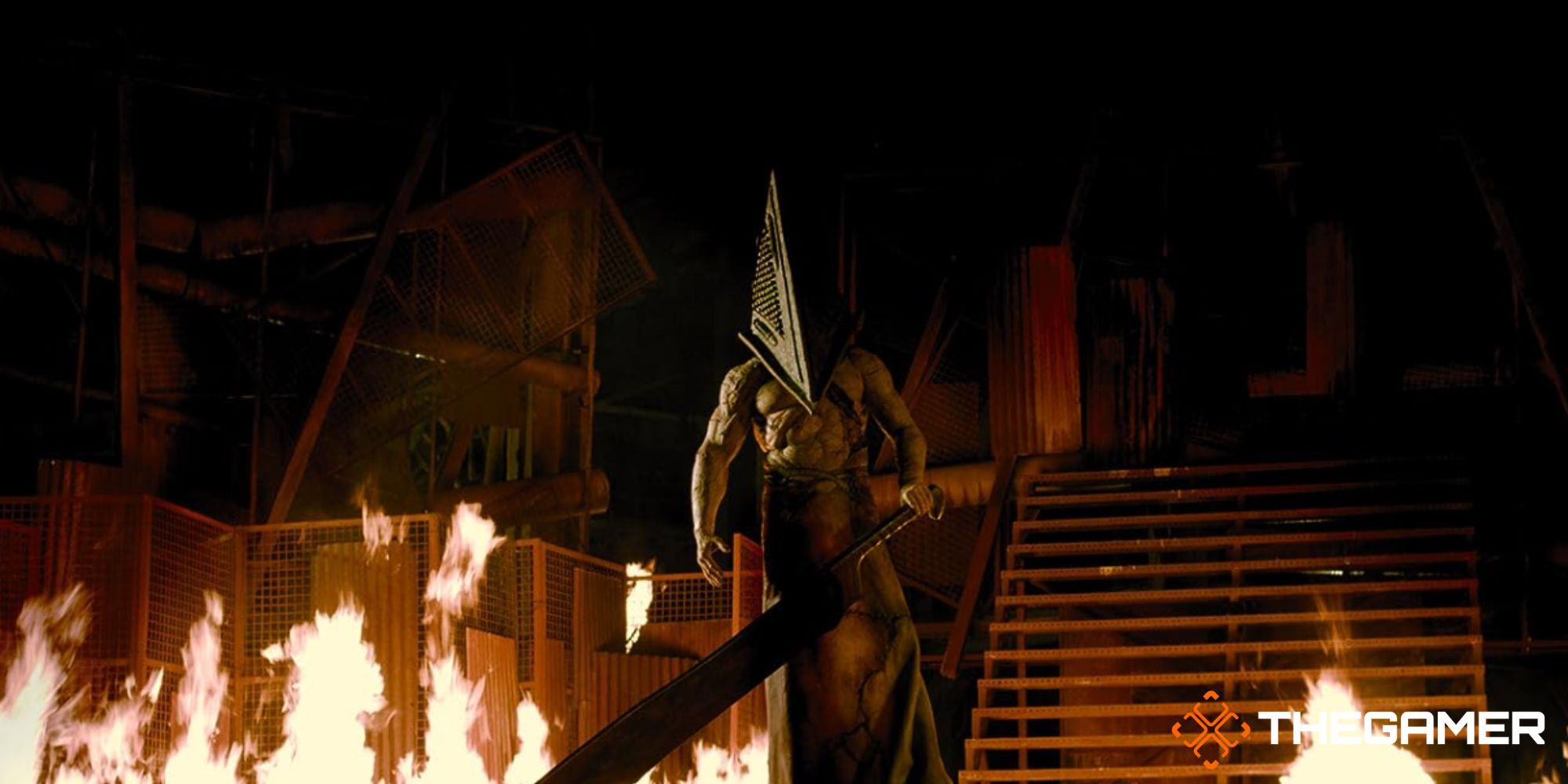 Pyramid Head surrounded by fire