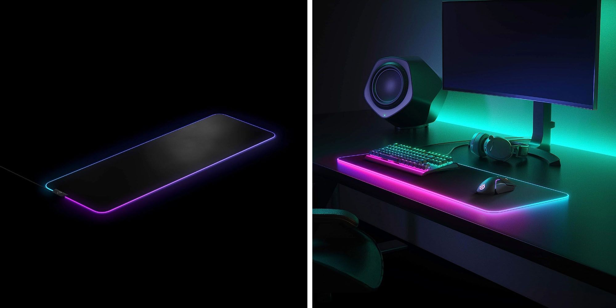 A split image featuring a large black gaming mouse pad with rainbow lighting around the perimeter.