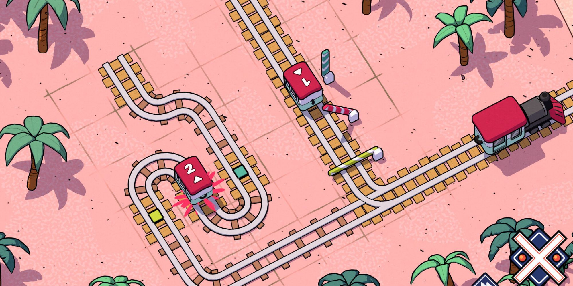 Trains travel across tracks in a desert