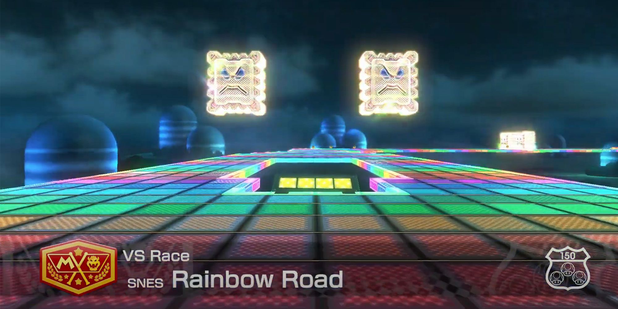 Mario Kart 8 - Rainbow Road SNES - Two Massive Thwomps Hovering Above Rainbow Road