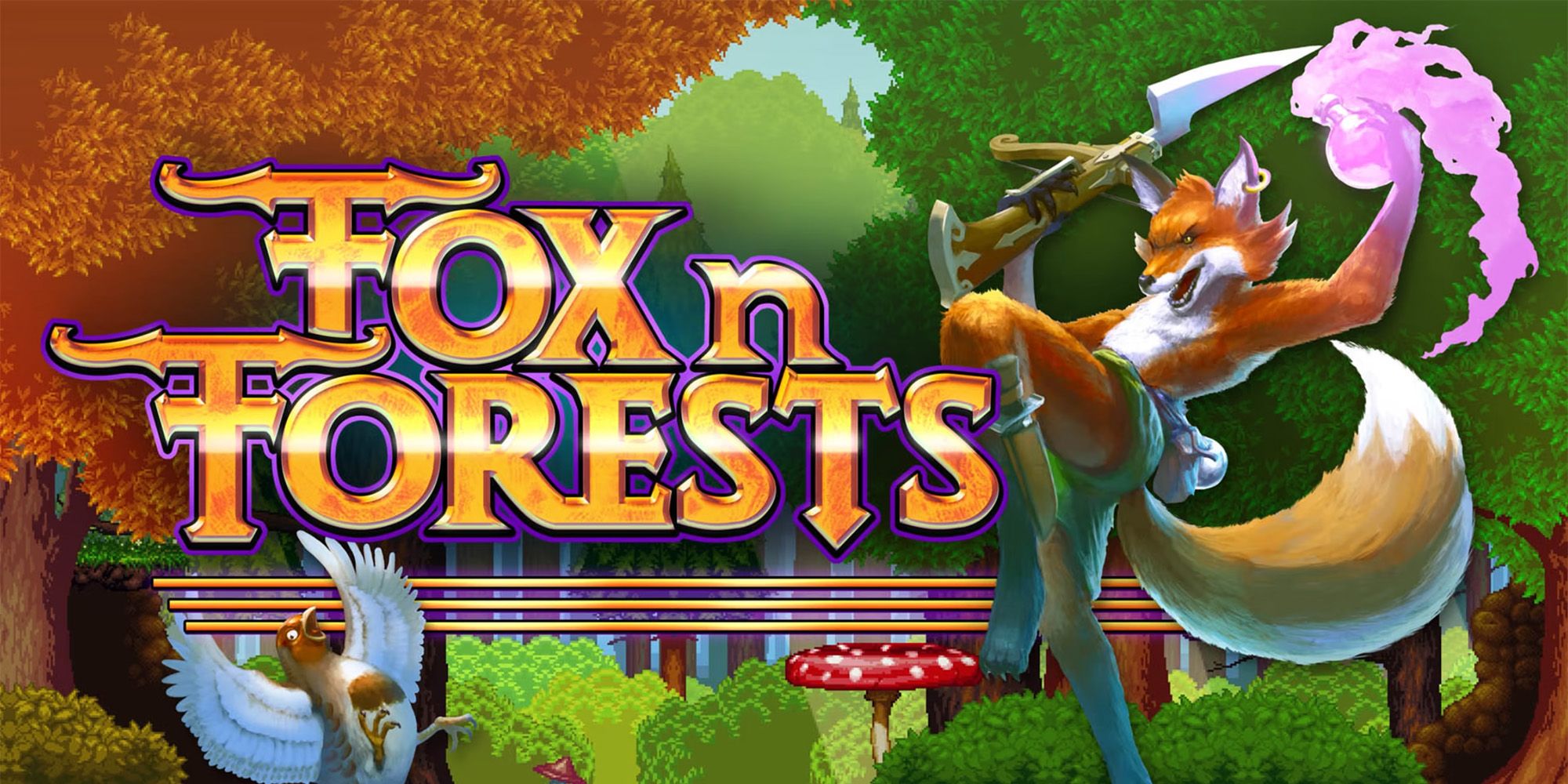 Fox N Forests - A Fox With A Weapon And A Pink Potion In A Forest With A Surprised-Looking Bird