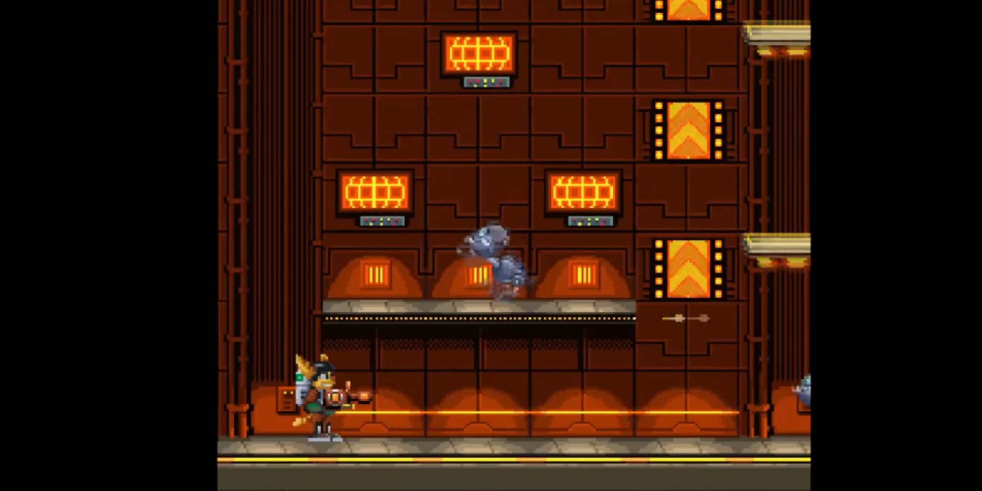 Ratchet runs through a factory full of enemies