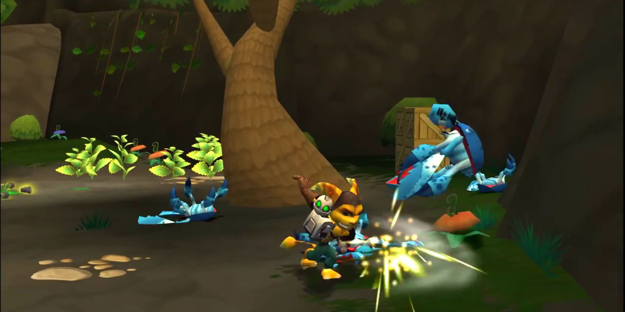 Ratchet attacks an enemy beside a tree