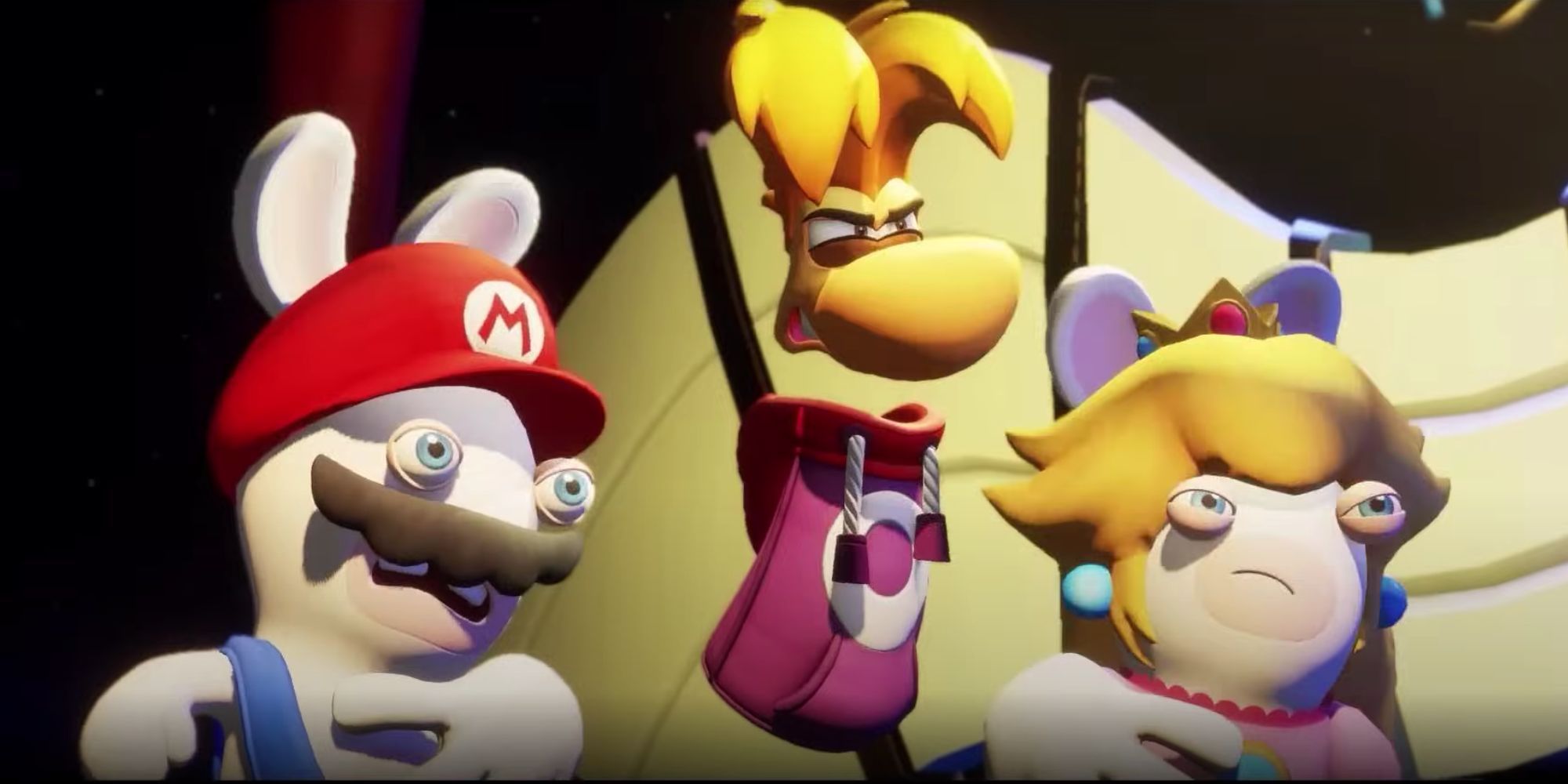 Rayman with Rabbid Mario and Rabbid Peach.