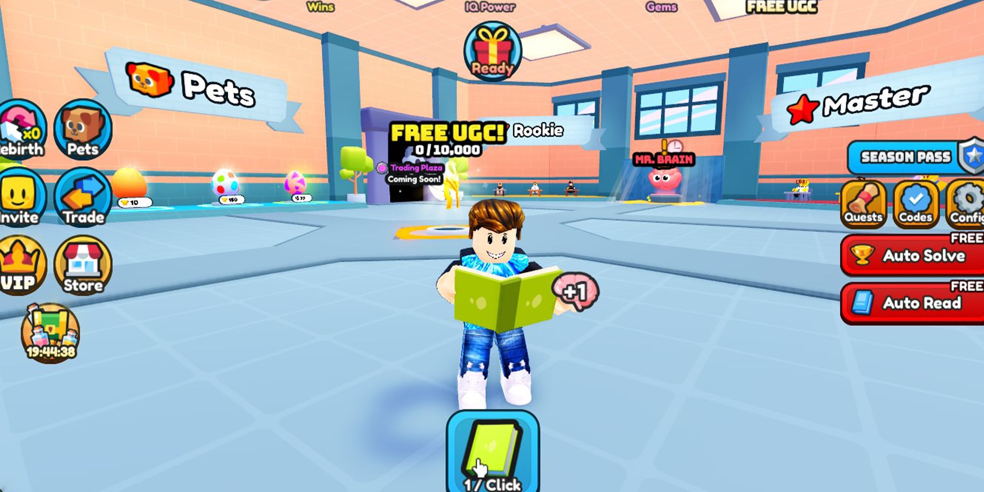 A Roblox person reads inside a library with a giant brain in IQ Wars Simulator.