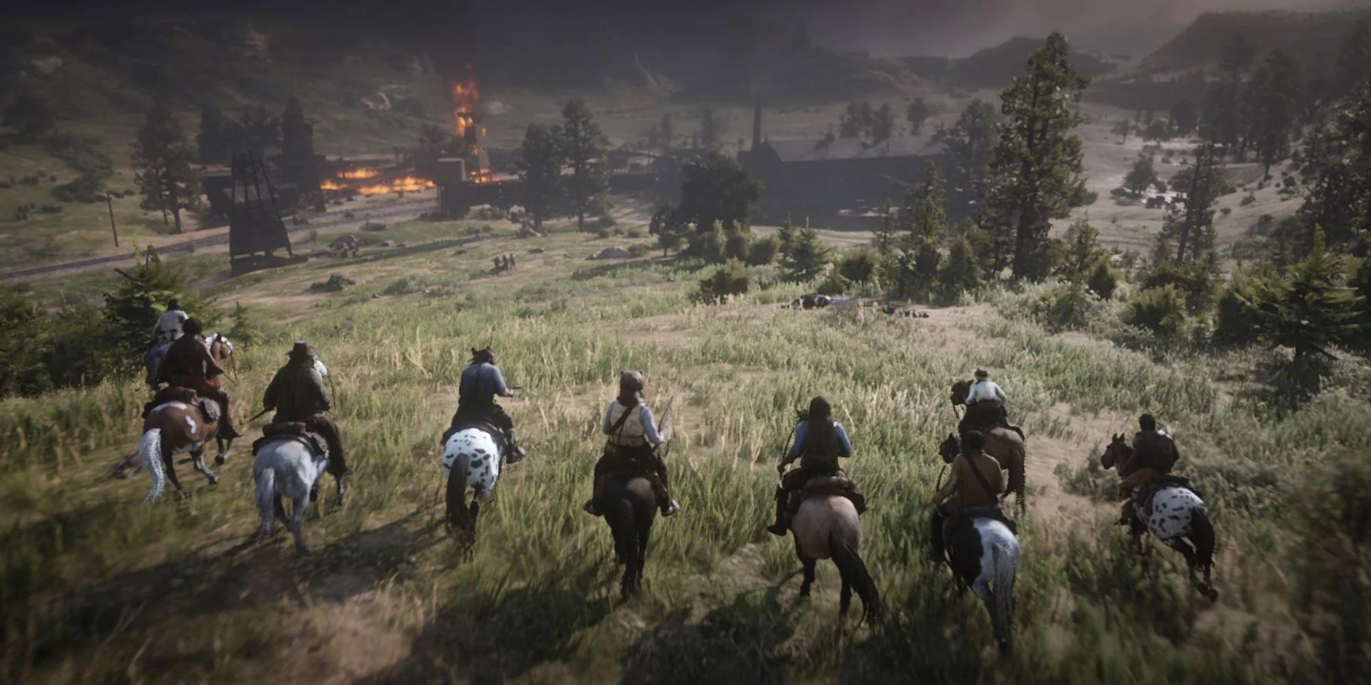 Red Dead Redemption 2 Screenshot Of Several Of The Main Characters On Horseback, Ready To Head To The Oil Refinery In The My Last Boy Mission