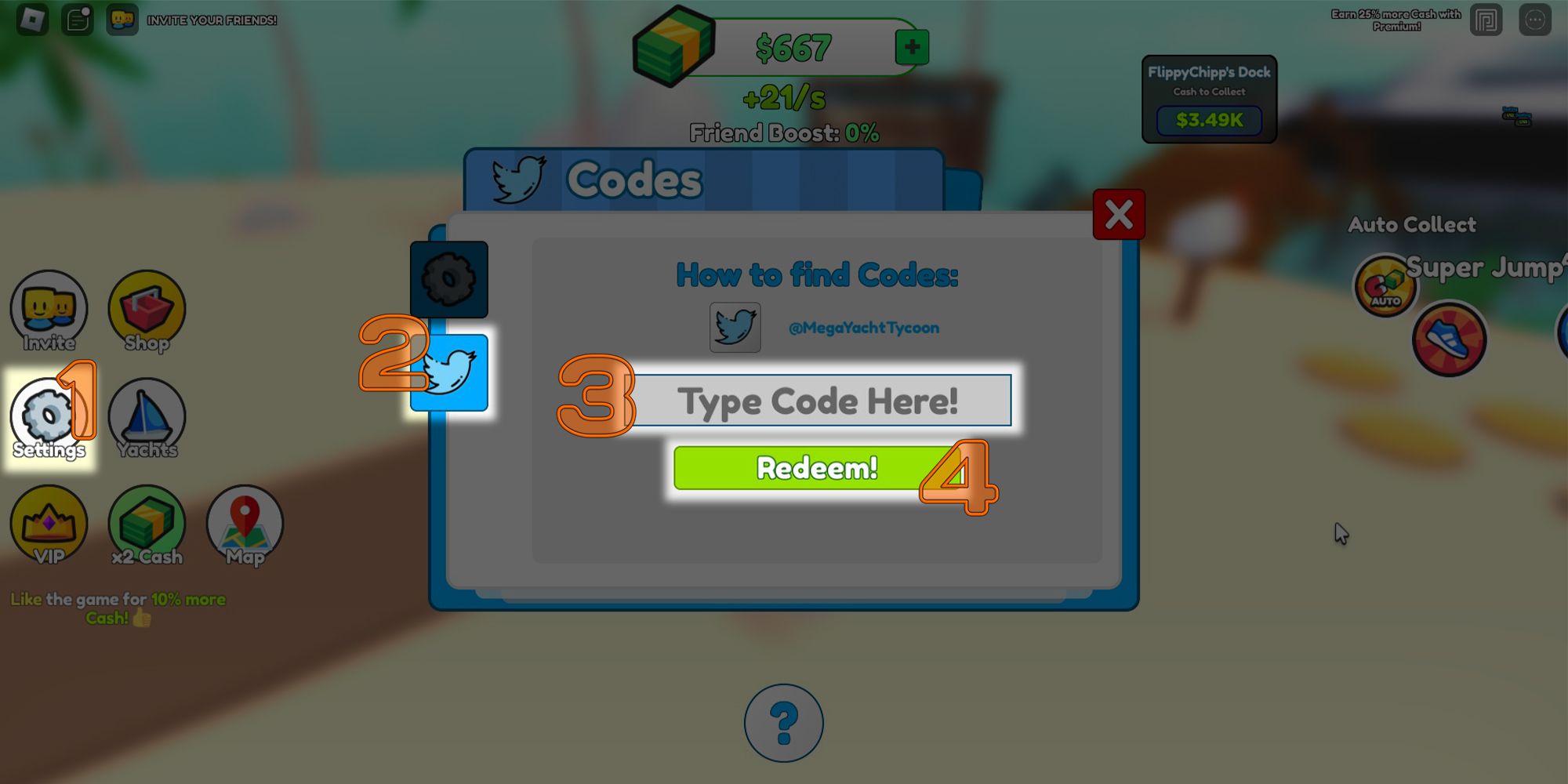 A step-by-step diagram for how to redeem codes for the Roblox game, Mega Yacht Tycoon.