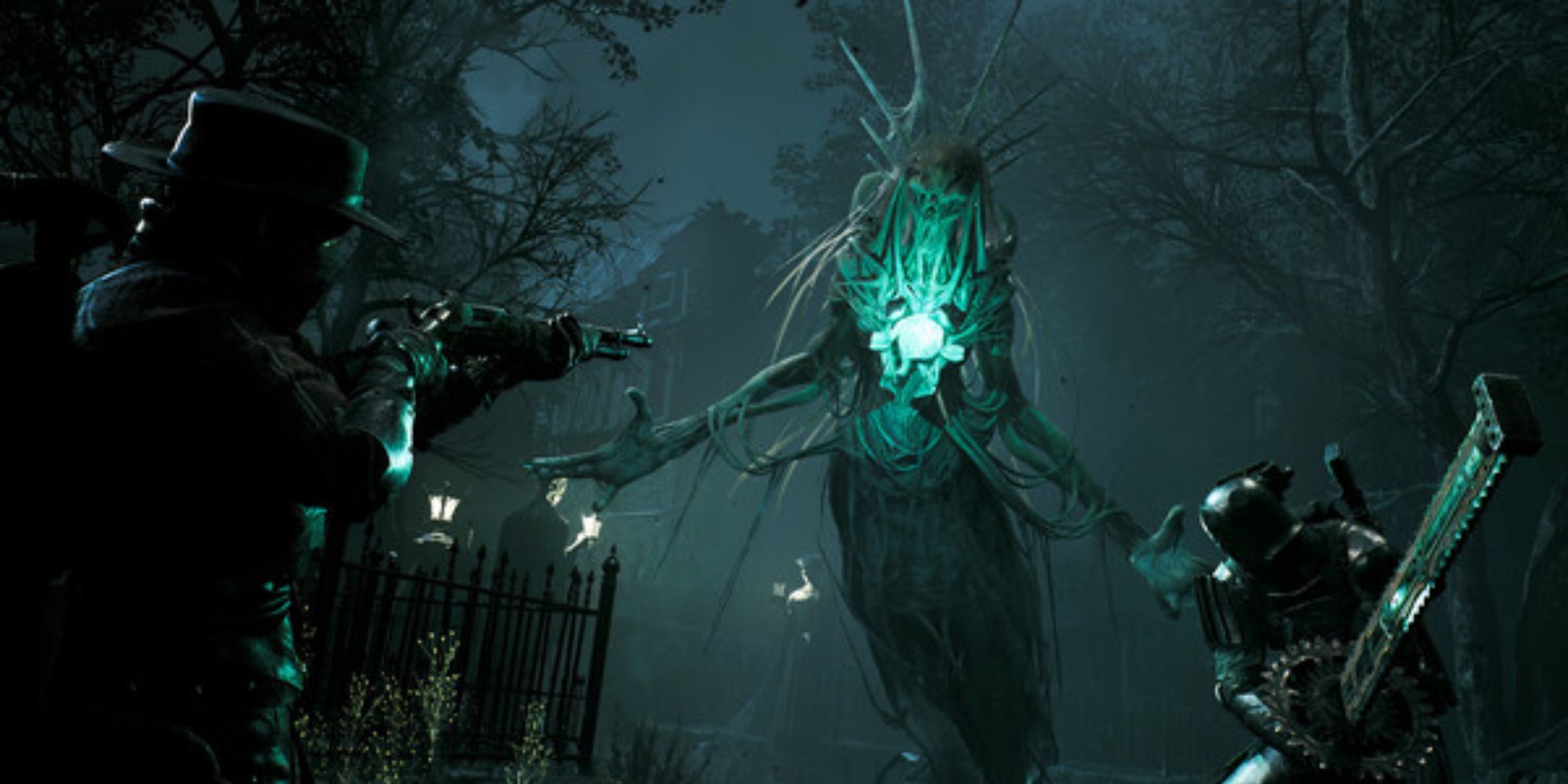 remnant 2 spirit type enemy hovering in gothic courtyard with two characters preparing to attack