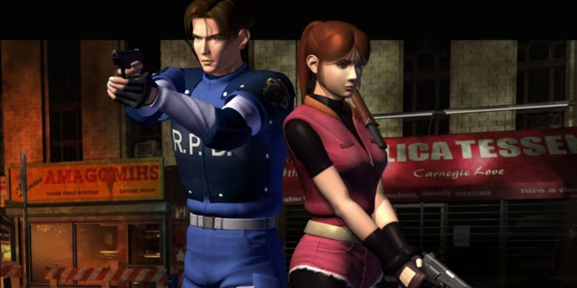 Leon Kennedy and Claire Redfield stand on the streets of Raccoon City