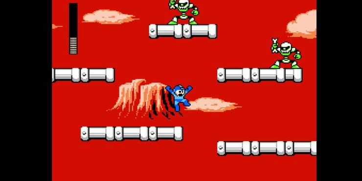 Mega Man jumping over platforms in the desert.