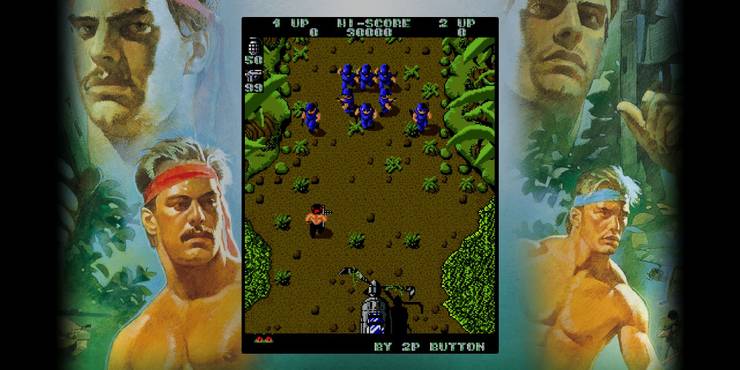 Screen of Ikari Warriors, with two groups of soldiers facing off in a jungle.