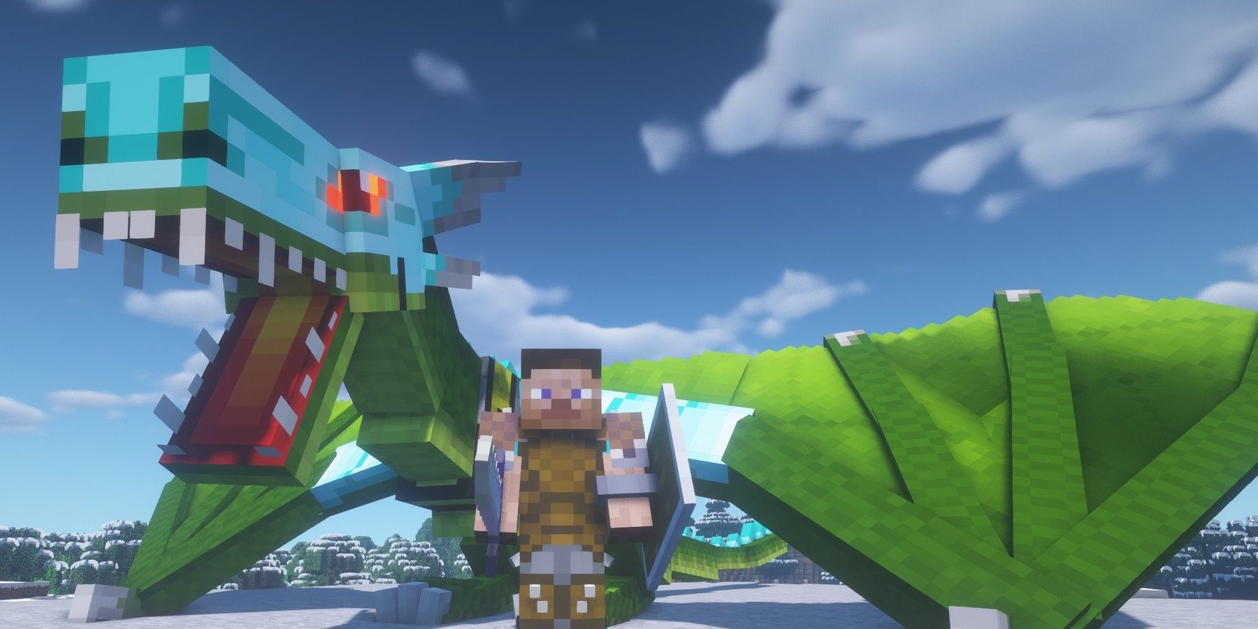 Minecraft Mod RLCraft Player Standing Beside Tamed Green Dragon In An Ice Biome