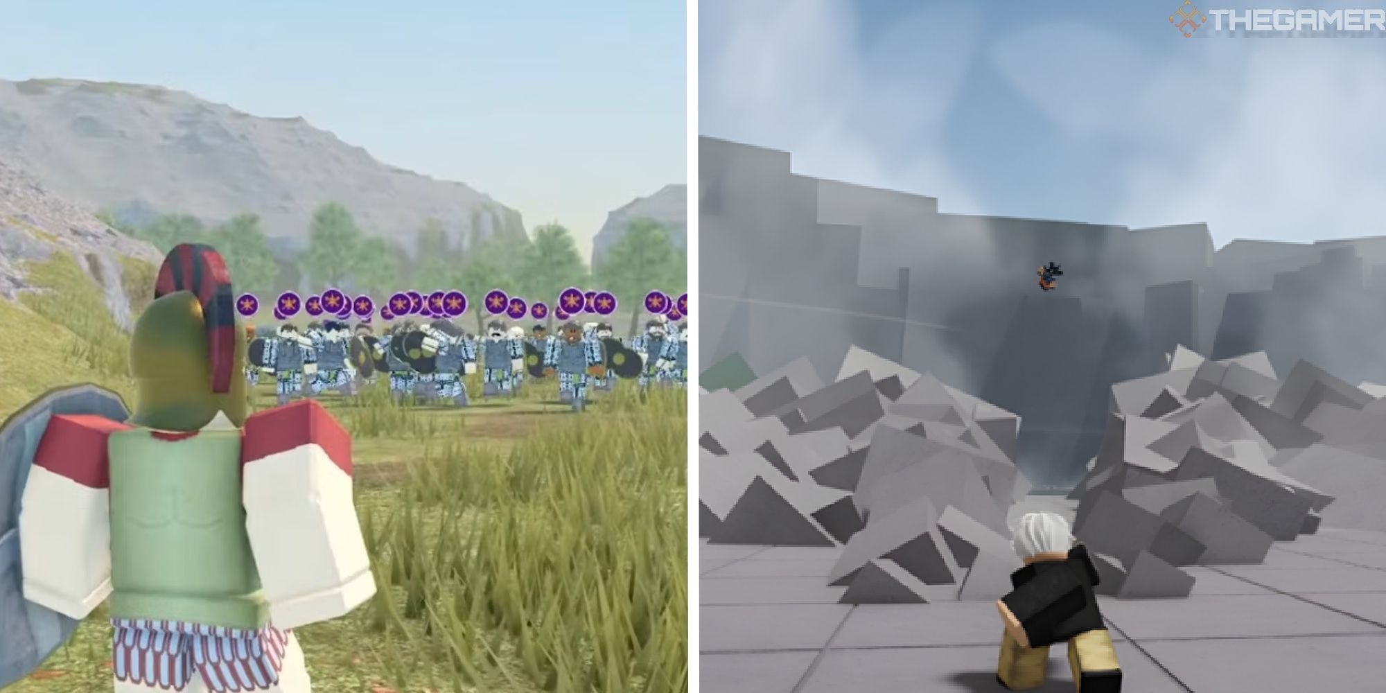 split image showing two popular roblox fighting games