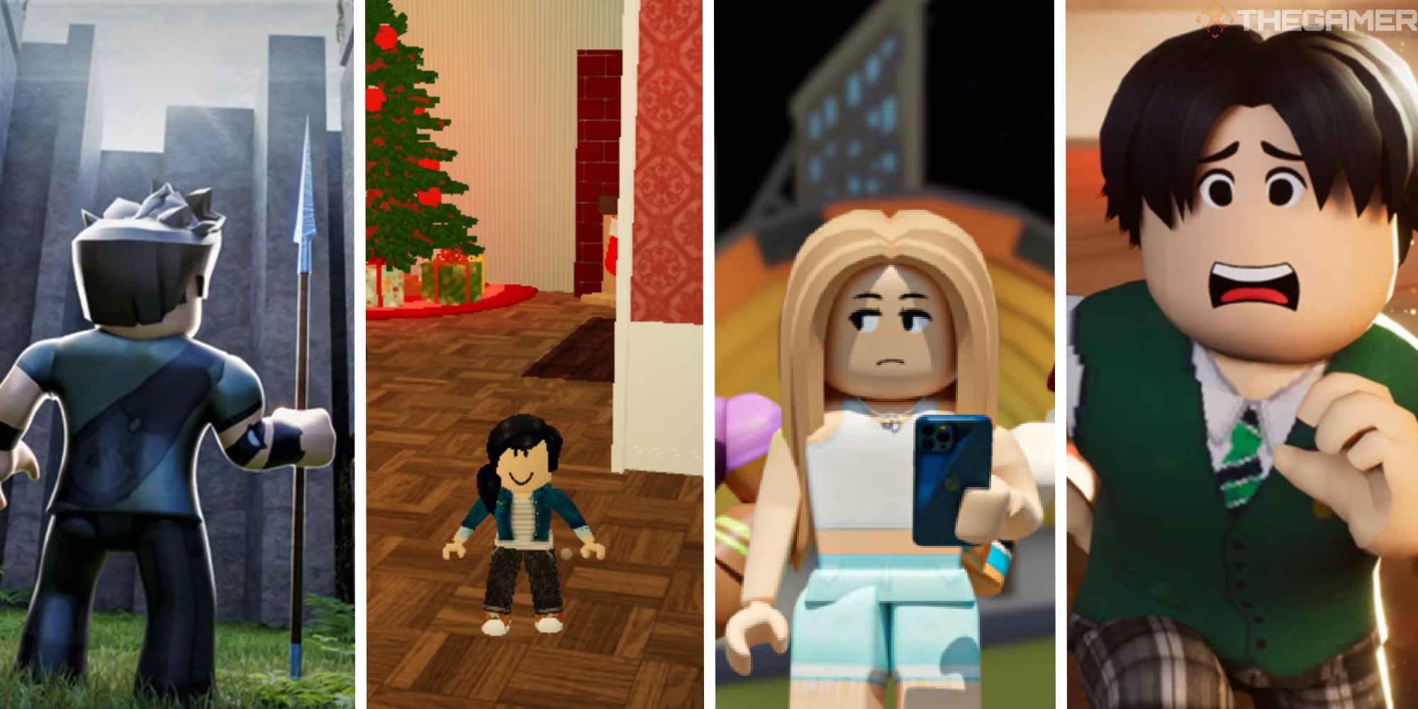 split image showing the maze runner, home alone story, total roblox drama, and all of us are dead