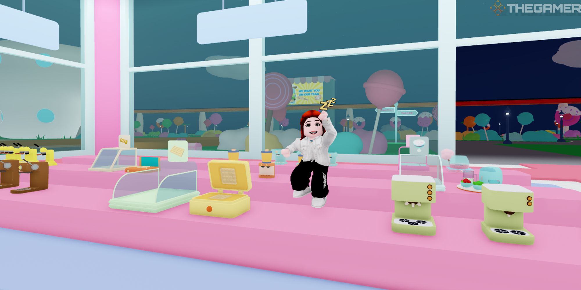 player standing on equipment sales counter in city store