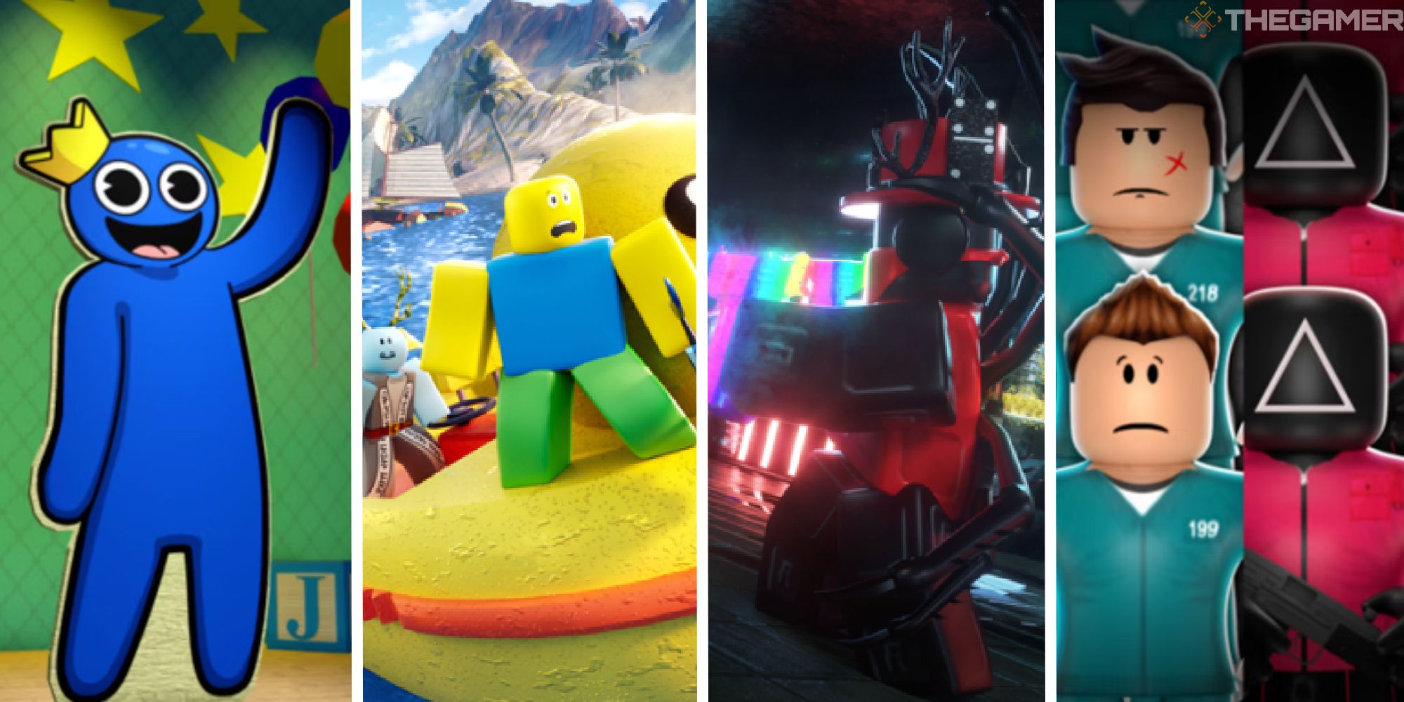 Split image showing Rainbow Friends, sharkbite 2, zombie rush, and squid game