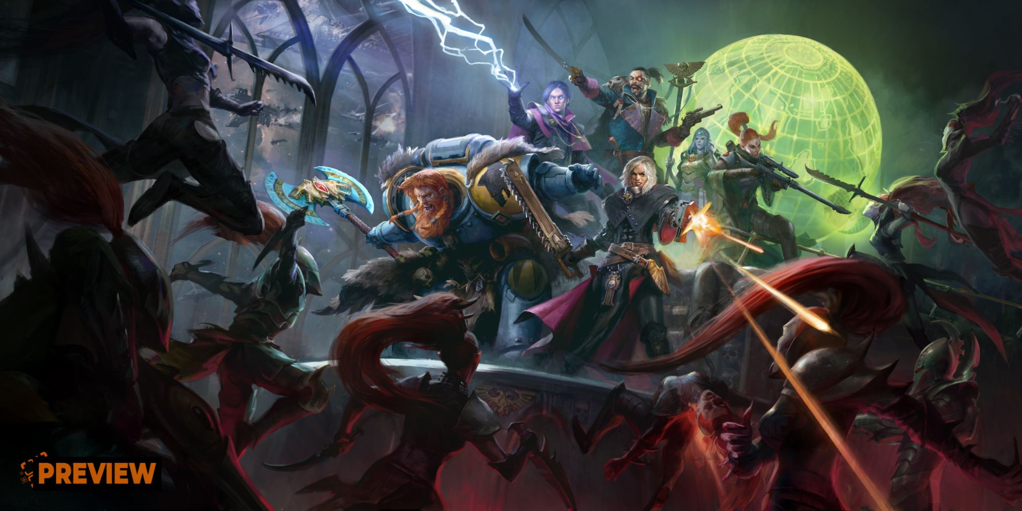 key art for Warhammer 40,000: Rogue Trader featuring a Loyalist party in combat.