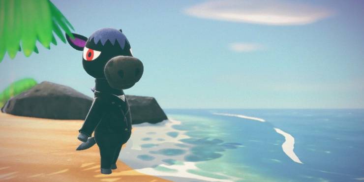 Roscoe on the beach in Animal Crossing New Horizons