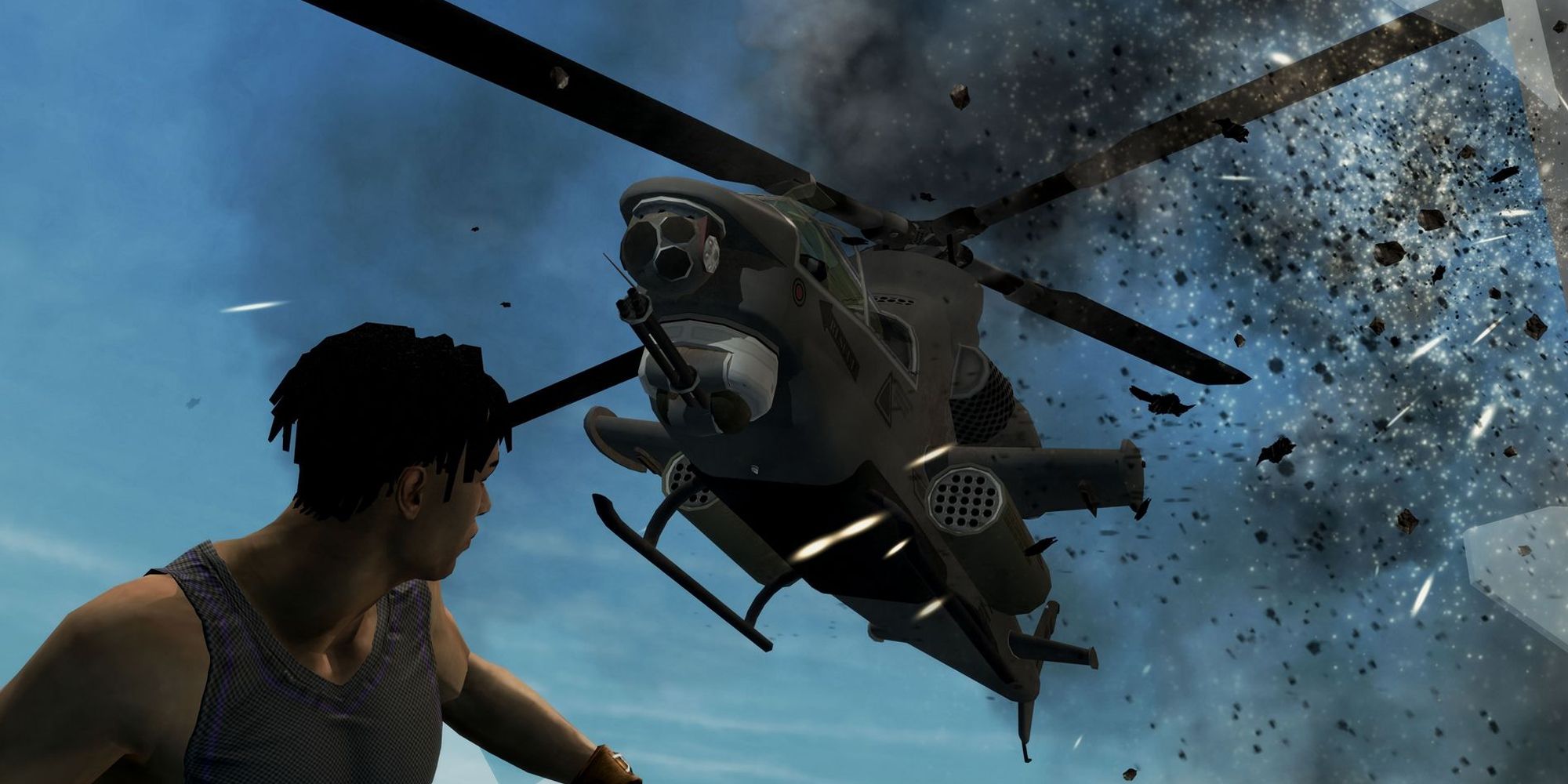 Saints Row 2 helicopter crashing into The Boss as he looks behind him