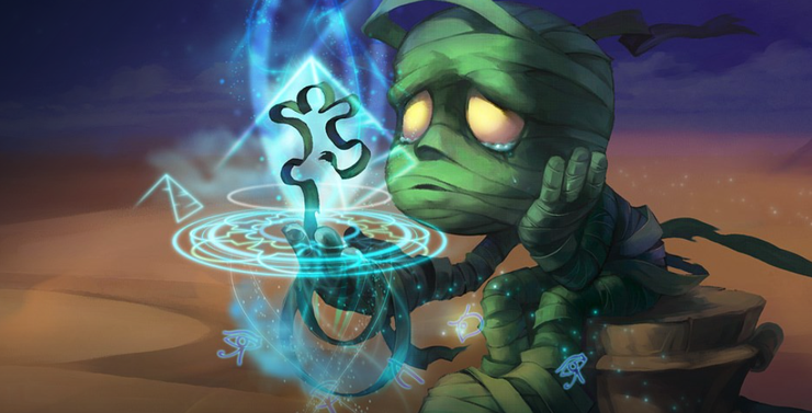 Amumu's splash art where he's forming a person with a bandage in League Of Legends.