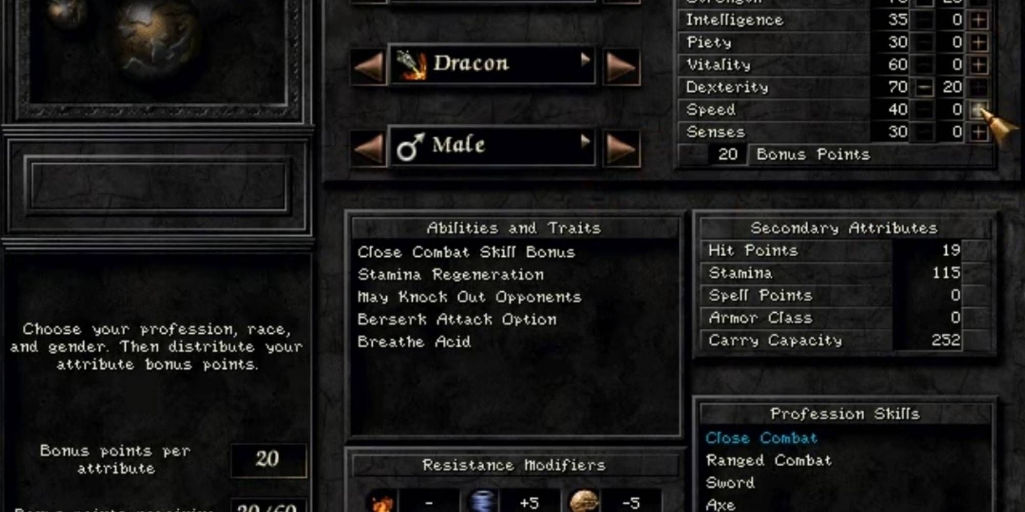 Screenshot of the Profession and Attributes Screen in Wizardy 8