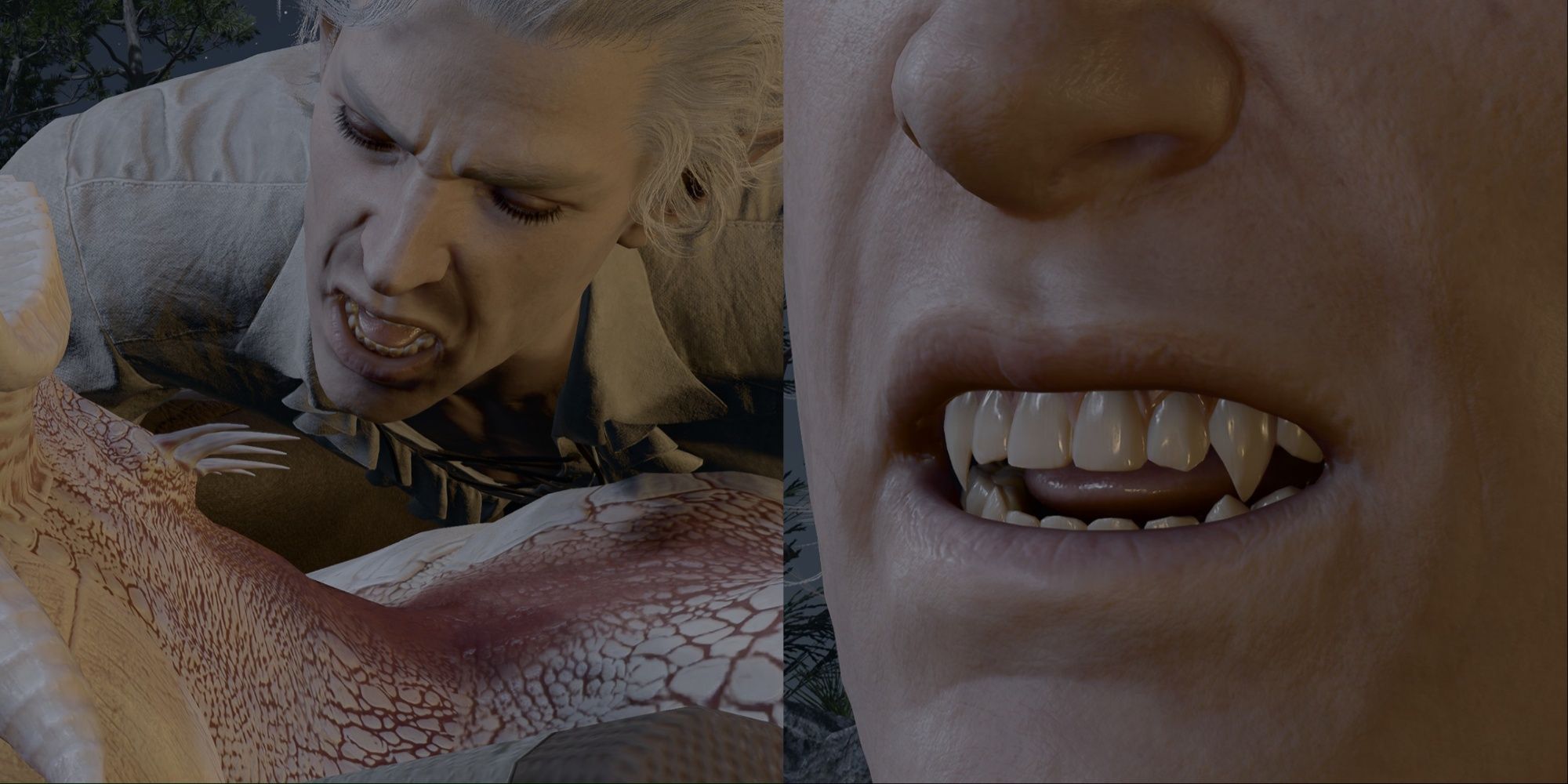 A split image of Astarion ready to bite player character at camp and Astarion's fangs in Baldur's Gate 3.