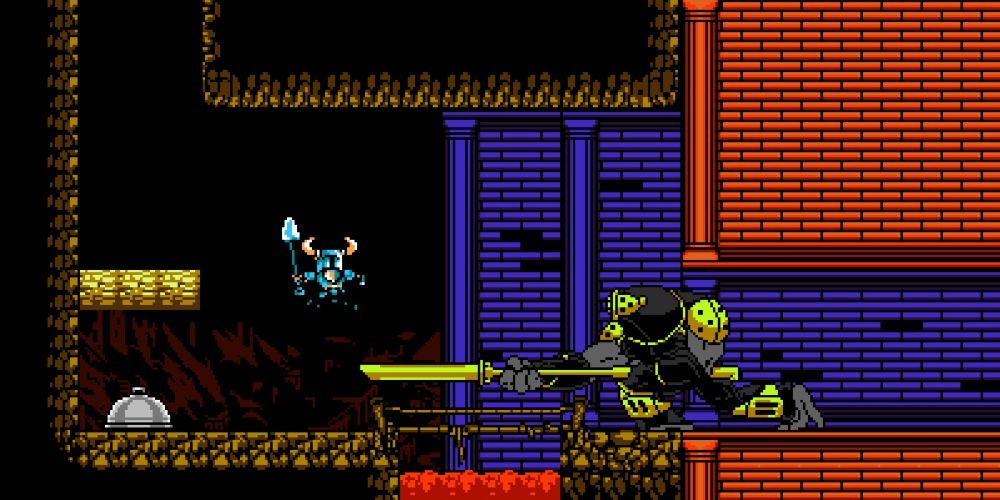 Shovel Knight fighting a giant knight in an underground cavern