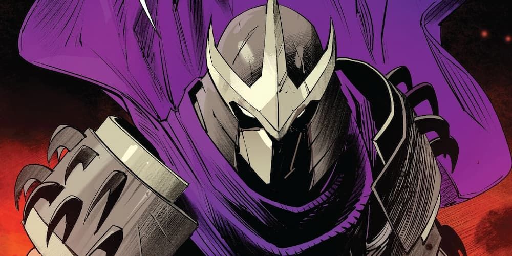 Shredder's purple cape flows behind him in the TMNT and Power Rangers crossover comic book.